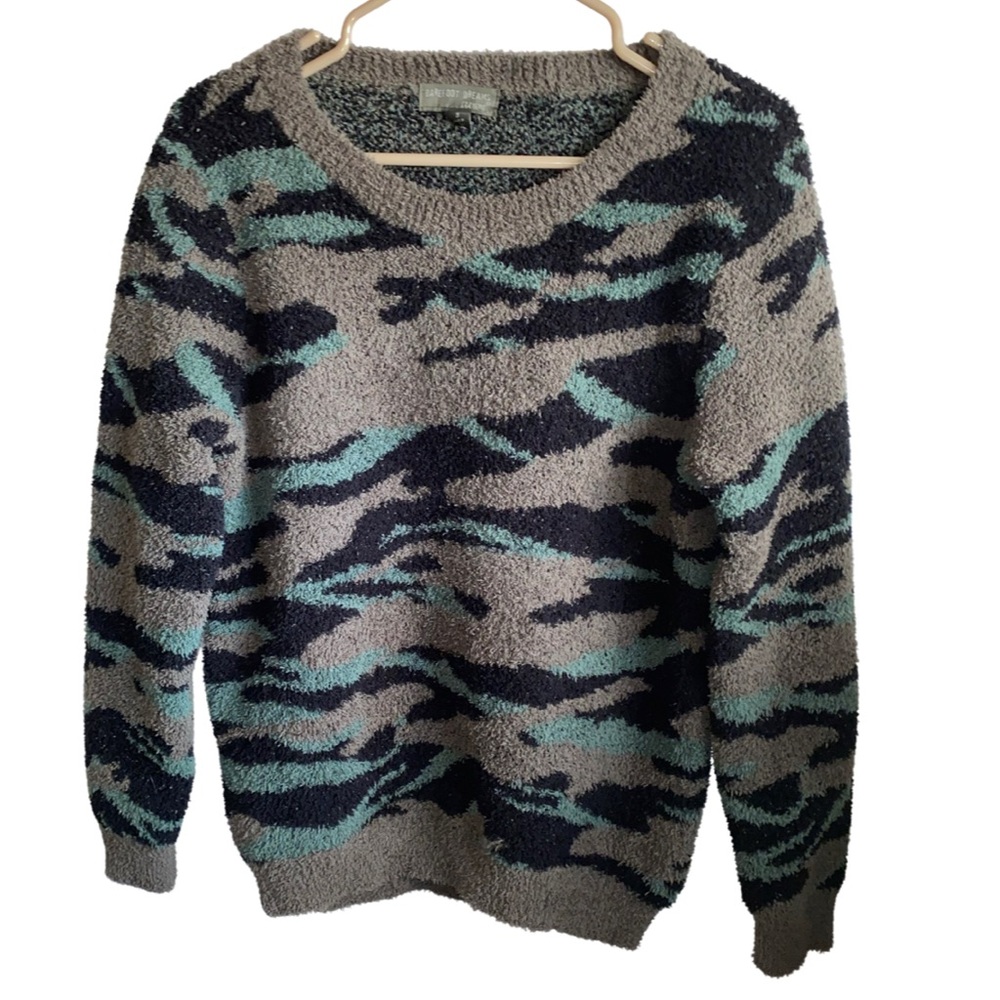 Barefoot Dreams Gray, Black & Teal Patterned Cozy Sweater